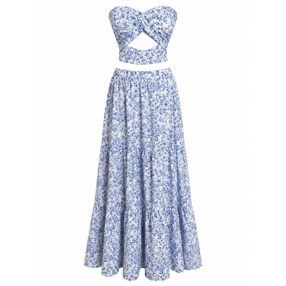 Solylu Women’s XL Blue White Floral Toile Two Piece Maxi Skirt Crop Top NWT